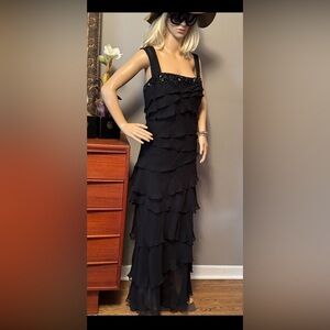 Silk Black Layered Ruffles Evening Dress.